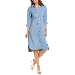 NEW GRACIA Twisted Front Midi Shirt Dress in Blue LARGE 3/4 Sleeve